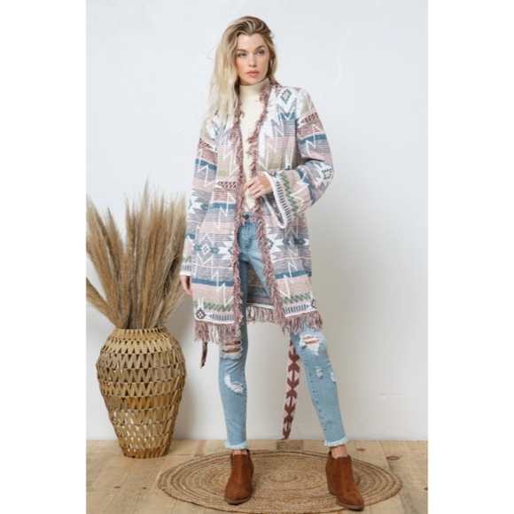 SOLD OUT Rose Fringe Western Native Aztec Belted Tie Knit Cardigan Boho Sweater - Picture 4 of 7